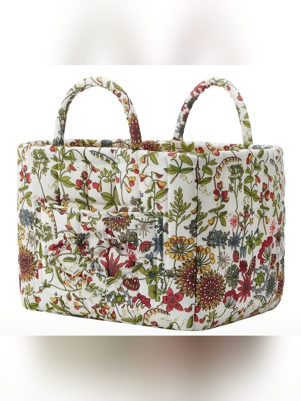 Quilted Floral Storage Basket - White Background. 13 Inches Wide 11 Inches Deep